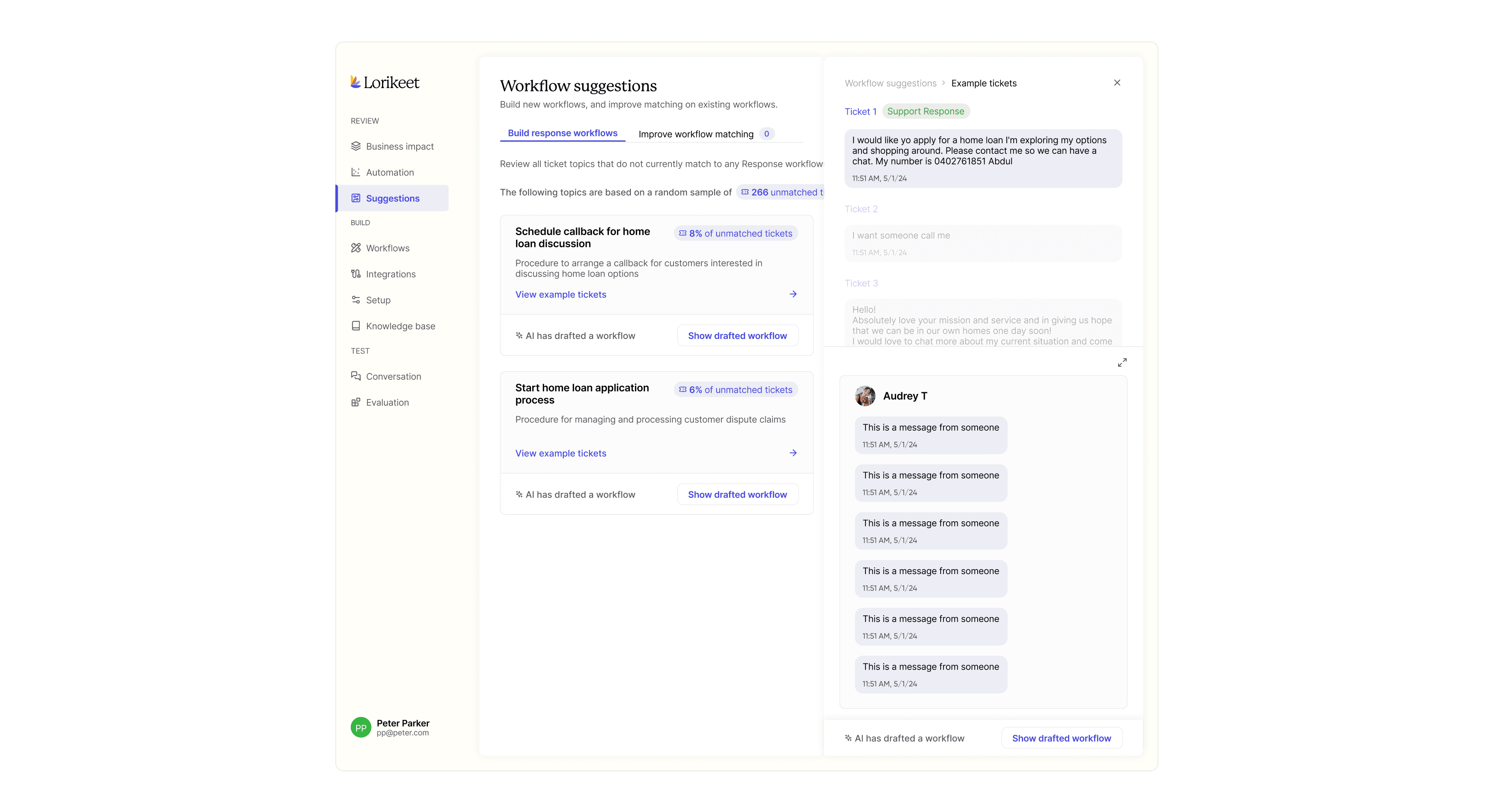 Workflow suggestions conversation panel